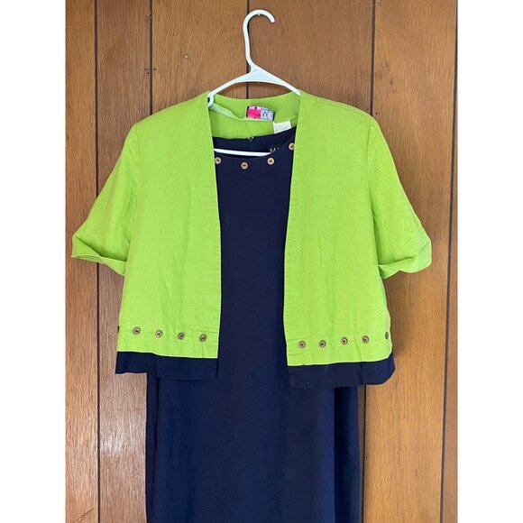M.H.M Melissa Harper Dress Womens 10 Green Navy 2 pc Maxi Jacket Set Linen blend - Picture 5 of 16